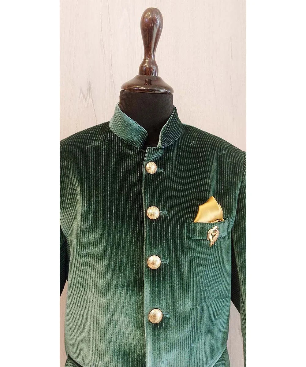Green color Velvet fabric Jodhpuri Suit : 1724220